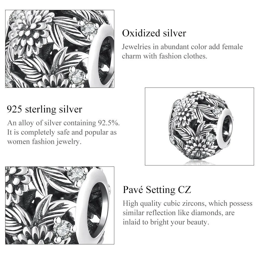 S925 Silver Embossed Flowers Charm Beads For Bracelet