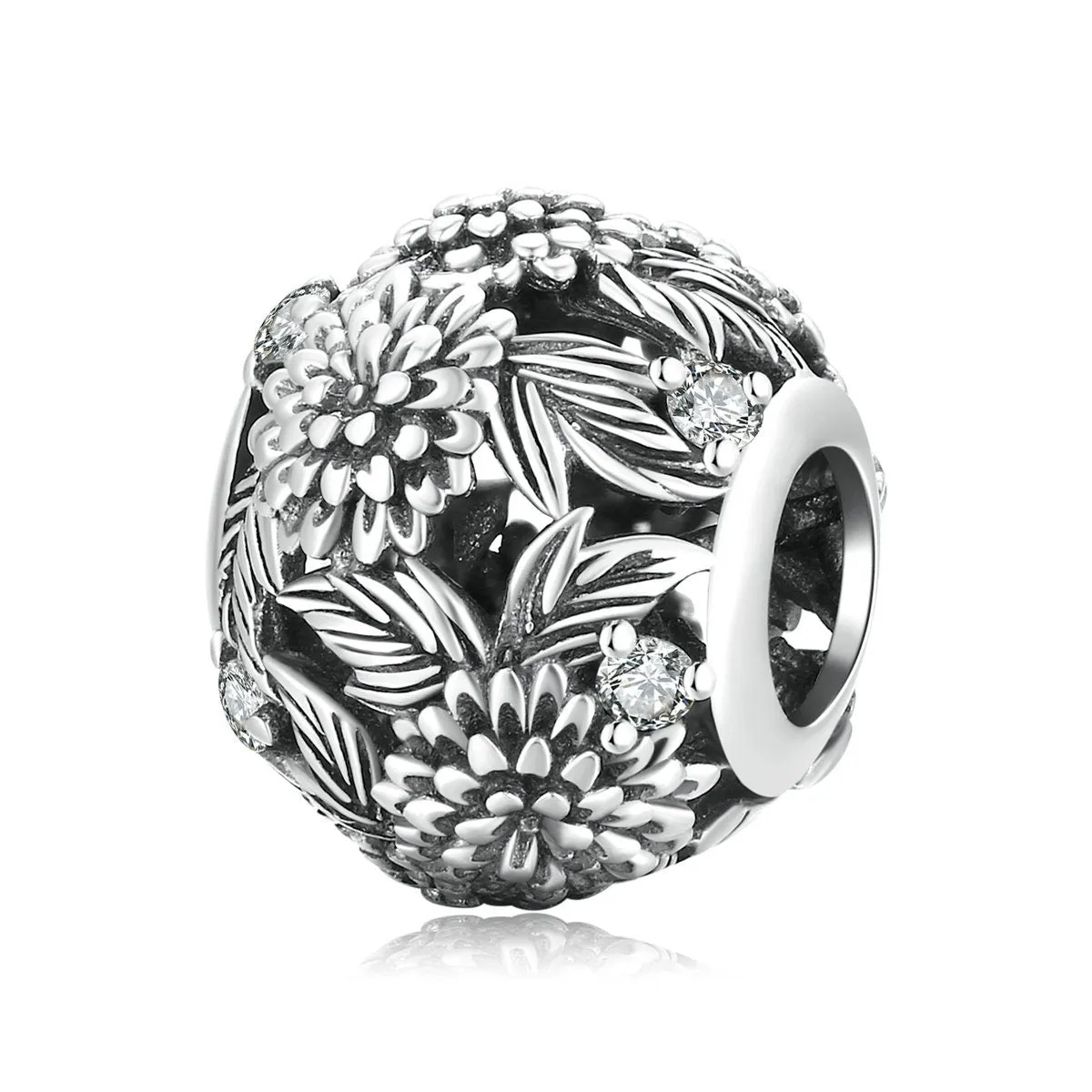 S925 Silver Embossed Flowers Charm Beads For Bracelet