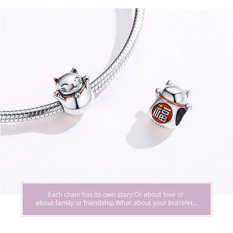 S925 Silver Lucky Cat Charm Beads