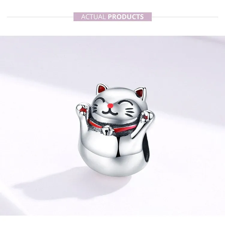 S925 Silver Lucky Cat Charm Beads