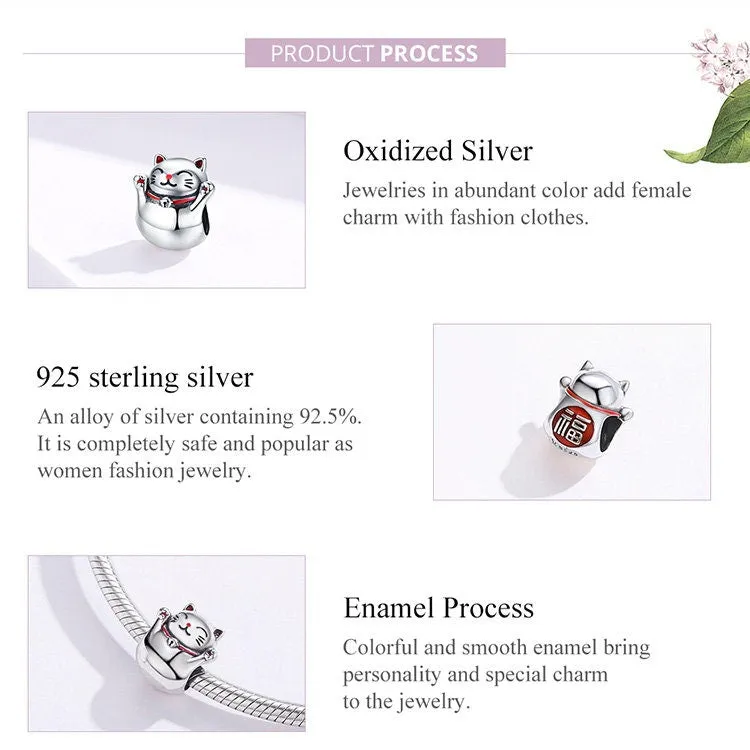 S925 Silver Lucky Cat Charm Beads