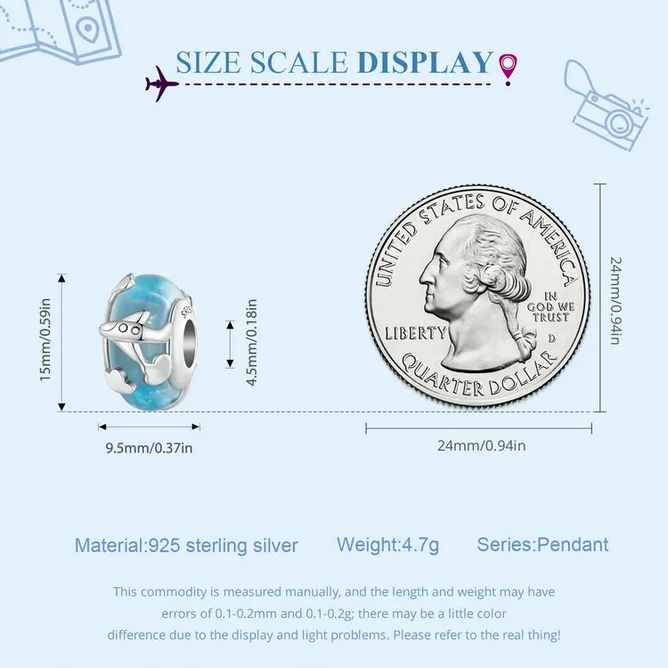 S925 Silver Traveling Airplane, Suitcase, Blue Earth & Airplane Charm, Charm for Bracelet