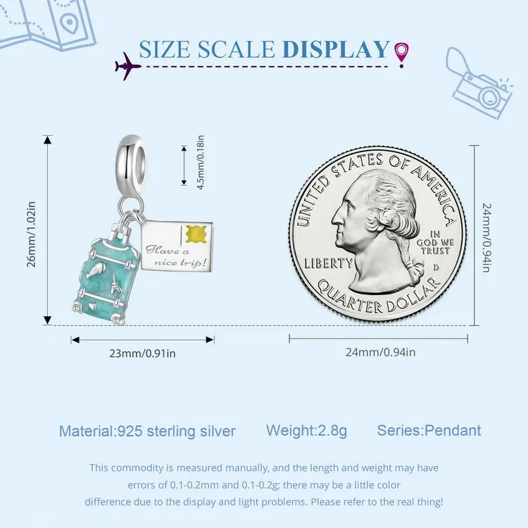 S925 Silver Traveling Airplane, Suitcase, Blue Earth & Airplane Charm, Charm for Bracelet