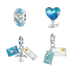 S925 Silver Traveling Airplane, Suitcase, Blue Earth & Airplane Charm, Charm for Bracelet