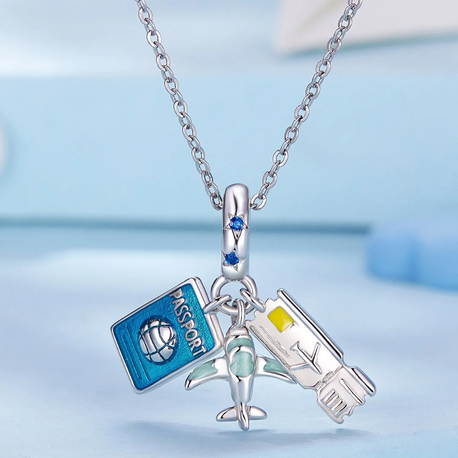 S925 Silver Traveling Airplane, Suitcase, Blue Earth & Airplane Charm, Charm for Bracelet