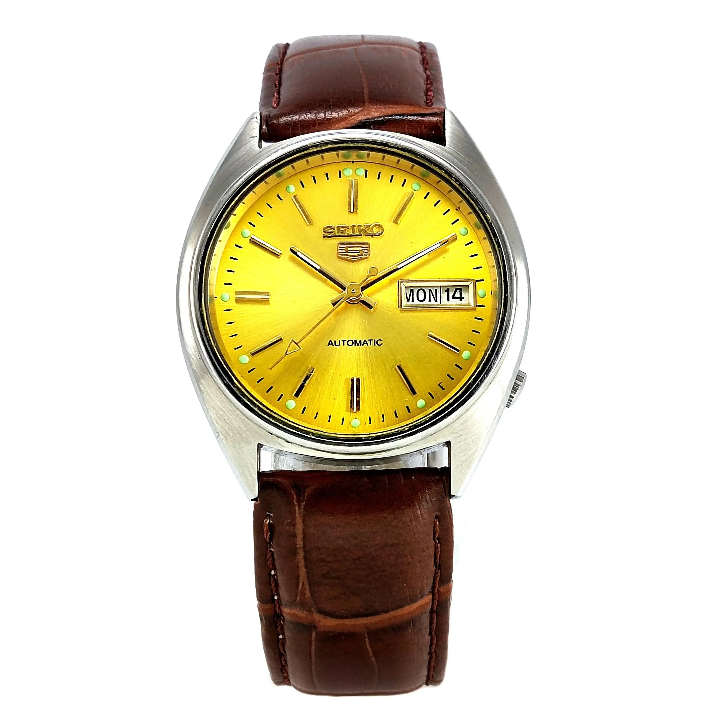 Seiko 5 Mechanical Automatic-6309 Golden Dial 17 Jewels Day Date Men's Wrist Watch