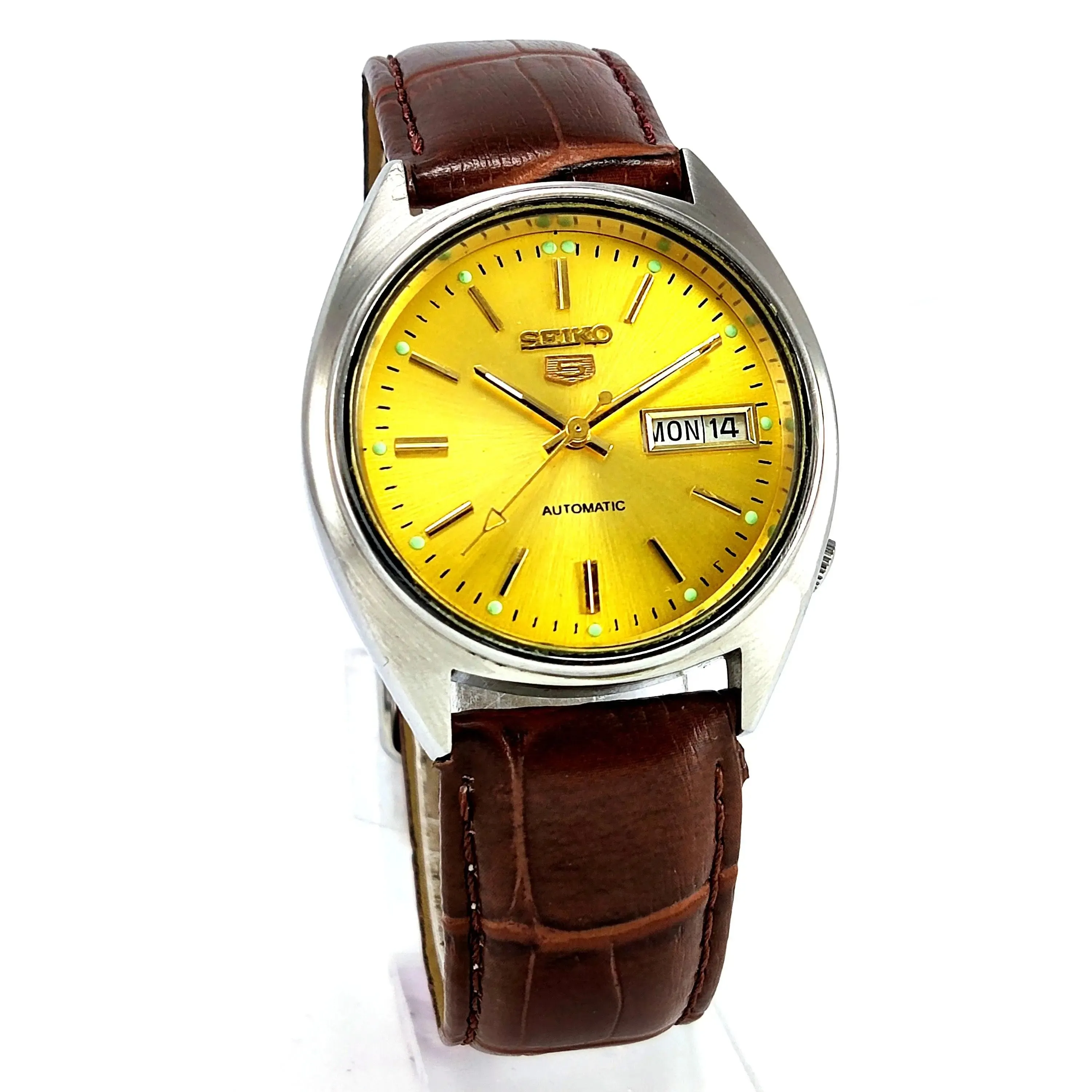 Seiko 5 Mechanical Automatic-6309 Golden Dial 17 Jewels Day Date Men's Wrist Watch