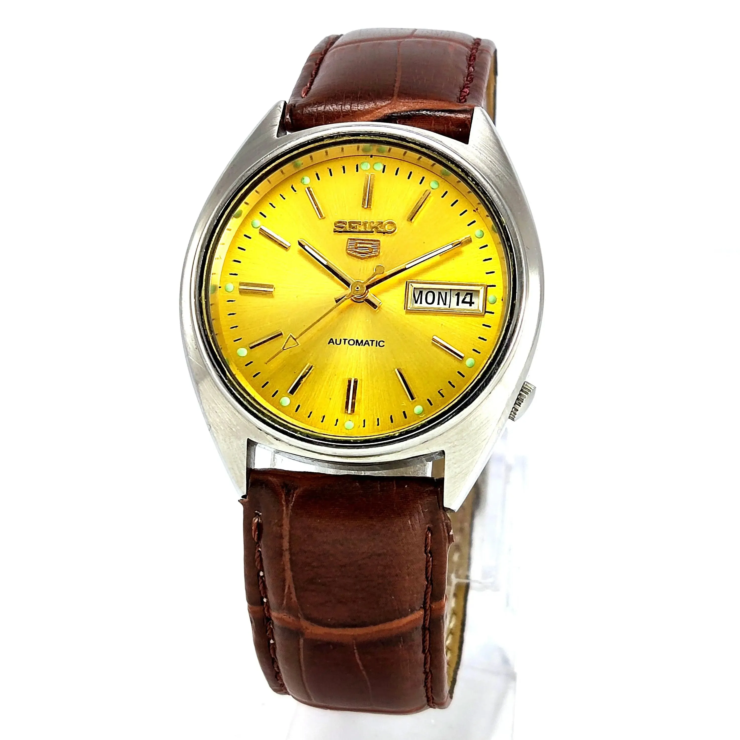 Seiko 5 Mechanical Automatic-6309 Golden Dial 17 Jewels Day Date Men's Wrist Watch