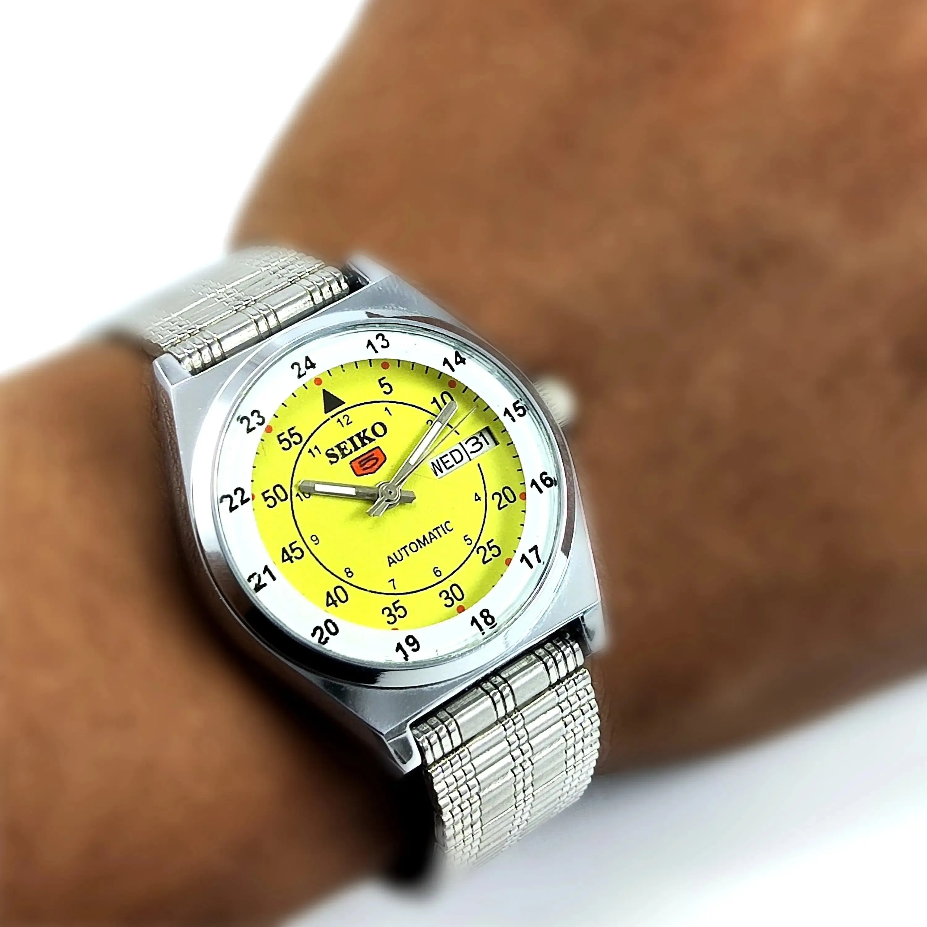 Seiko 5 Mechanical Automatic-6309 Yellow Dial 17 Jewels Day Date Men's Wrist Watch