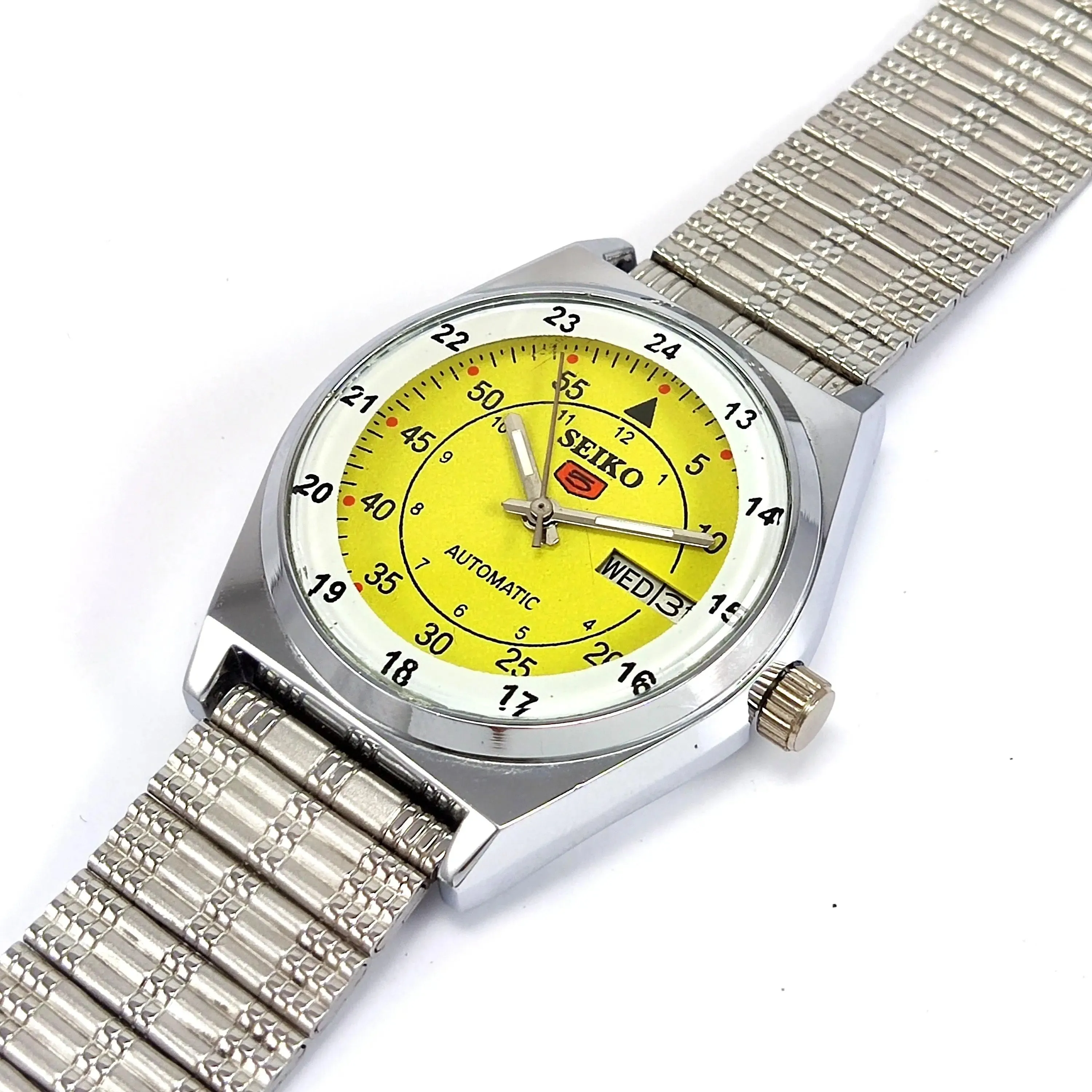 Seiko 5 Mechanical Automatic-6309 Yellow Dial 17 Jewels Day Date Men's Wrist Watch