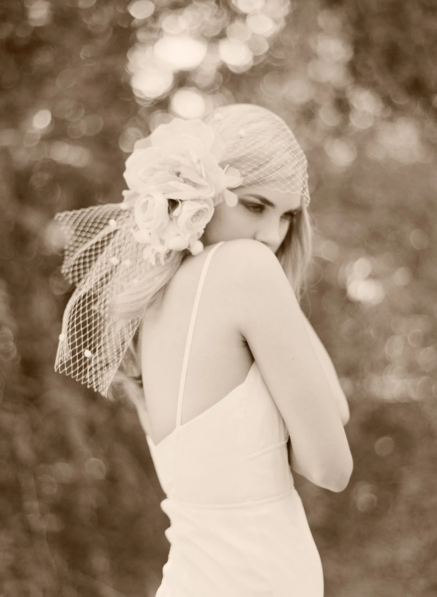 Silk flower bouquet with bandeau birdcage veil - Style # 304