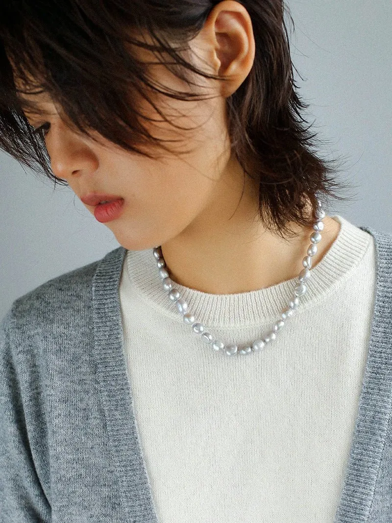 Silver Gray Freshwater Pearls Short OT Buckle Necklaces