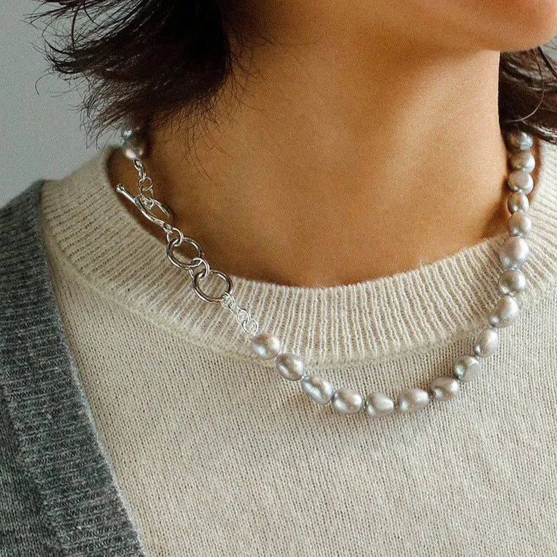 Silver Gray Freshwater Pearls Short OT Buckle Necklaces