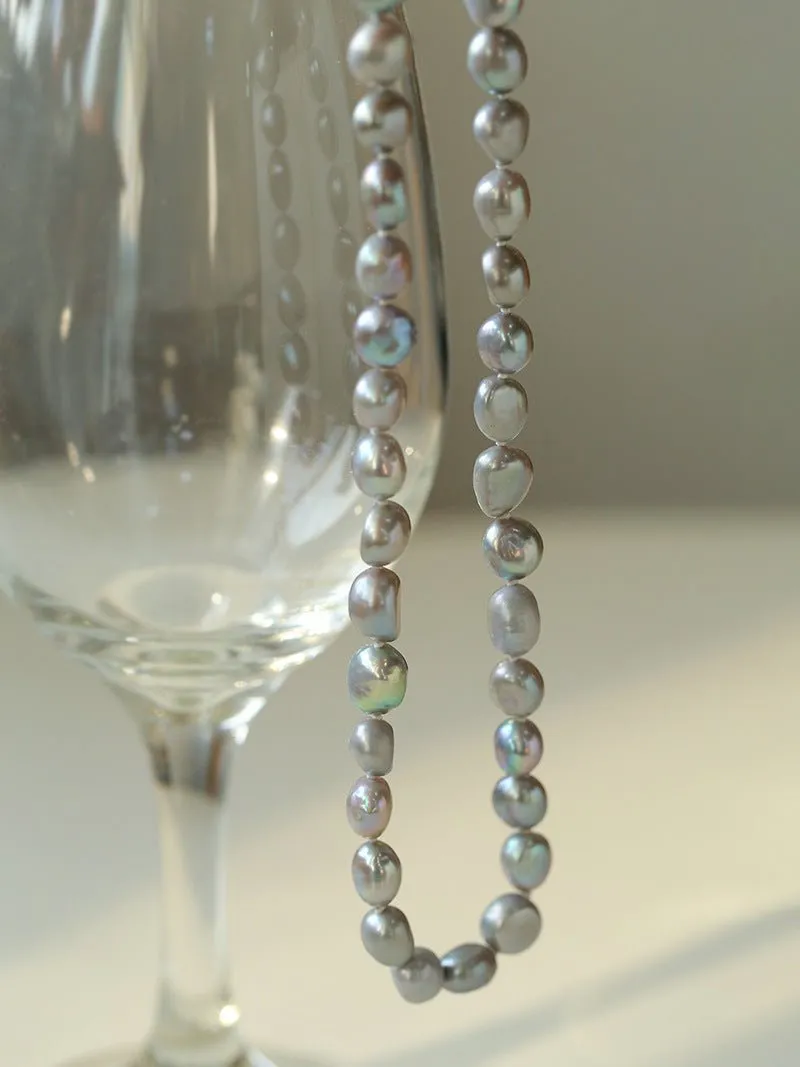 Silver Gray Freshwater Pearls Short OT Buckle Necklaces