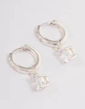 Silver Plated Solitaire Drop Huggie Earrings