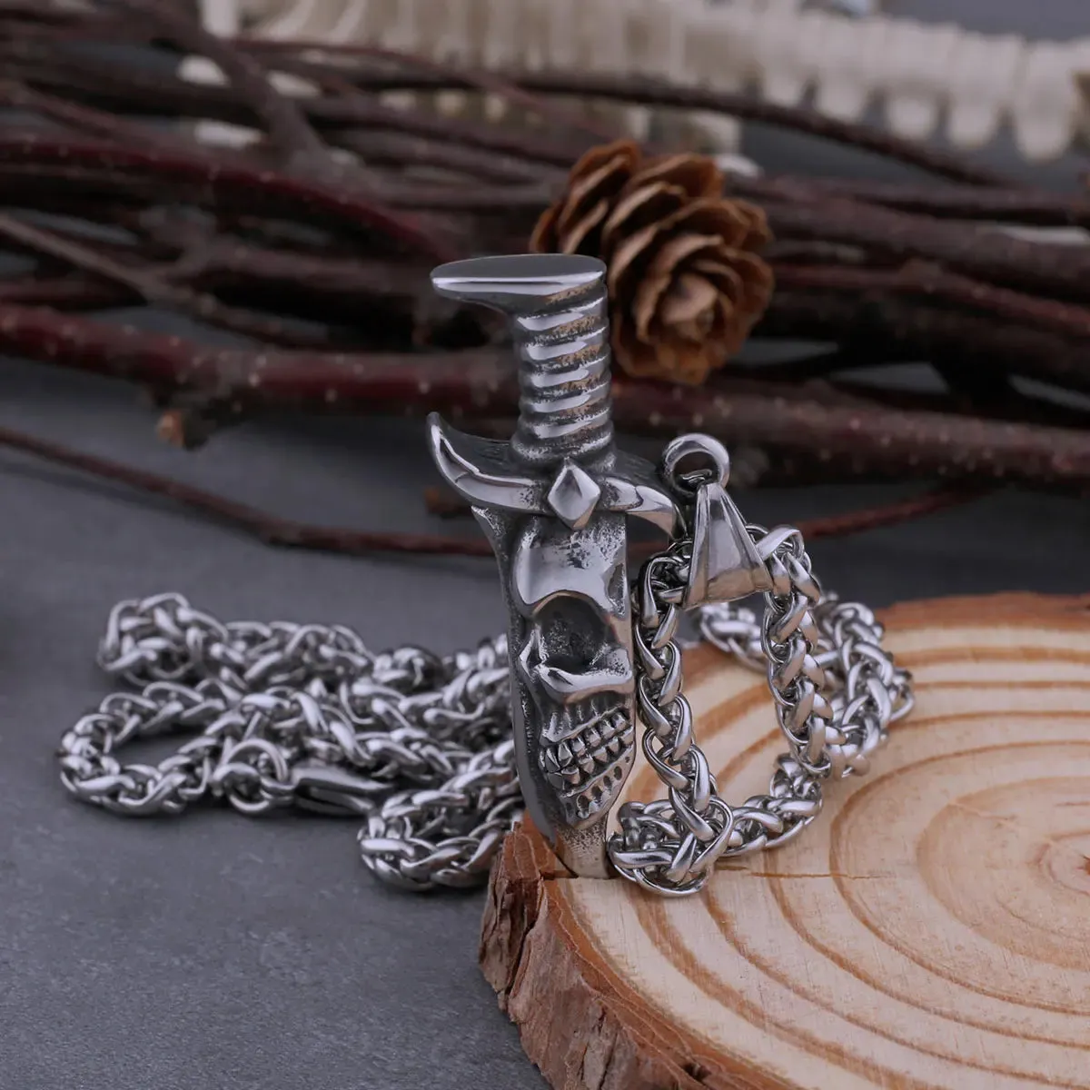 Stainless Steel Skull Dagger Viking Necklace