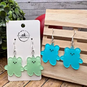 Teddy Bear Blue or Green Bright Lightweight Acrylic  Earrings, Hypoallergenic Gift - Clearance