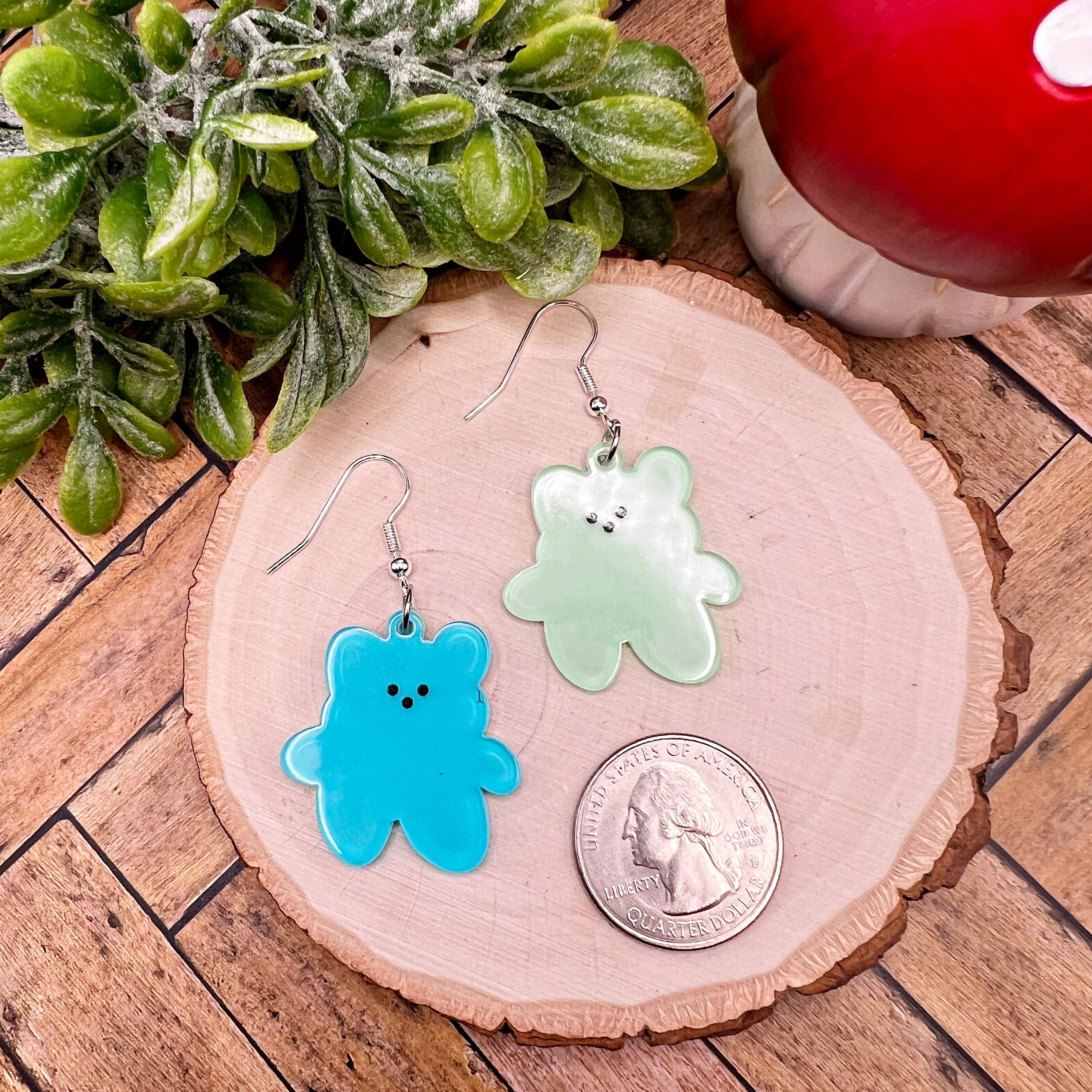 Teddy Bear Blue or Green Bright Lightweight Acrylic  Earrings, Hypoallergenic Gift - Clearance