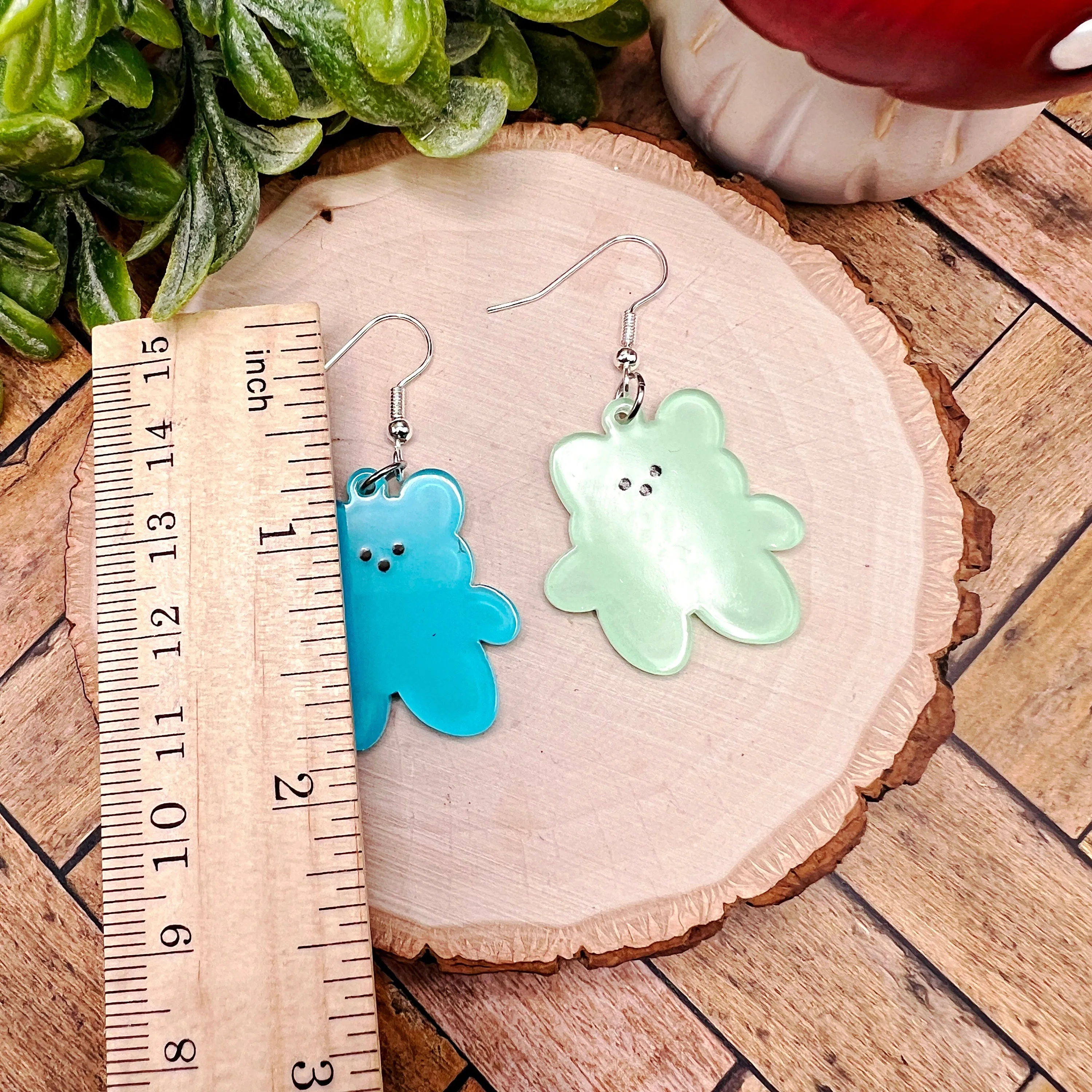 Teddy Bear Blue or Green Bright Lightweight Acrylic  Earrings, Hypoallergenic Gift - Clearance