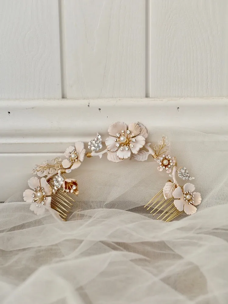 V178. vintage boho romantic bridal hair vine hairpiece, white enamel hairpiece.