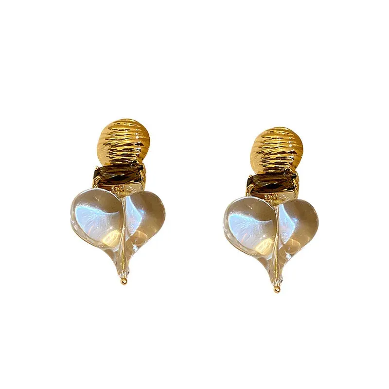 VAIGE Elegant Vintage Heart-Shaped Transparent Acrylic Drop Earrings with Round Metal Accents in Chic Gold and Silver