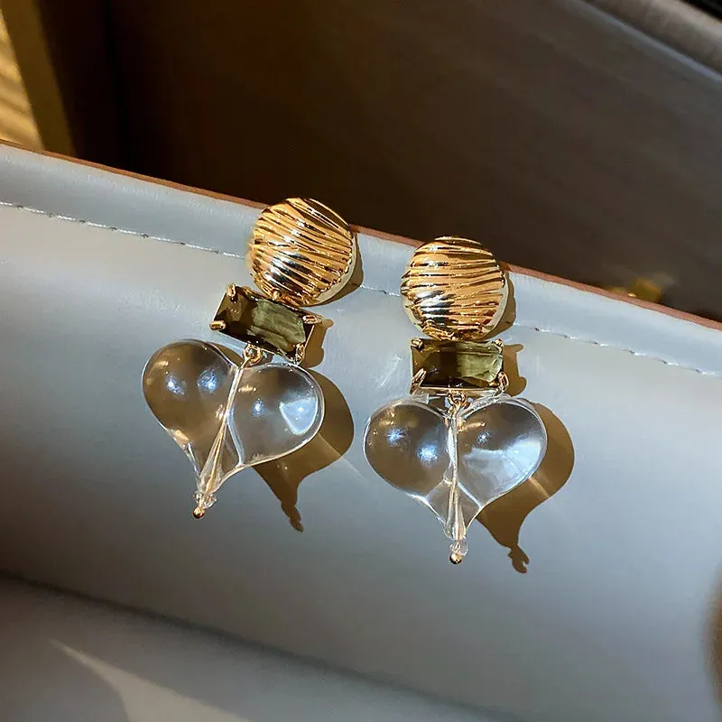 VAIGE Elegant Vintage Heart-Shaped Transparent Acrylic Drop Earrings with Round Metal Accents in Chic Gold and Silver