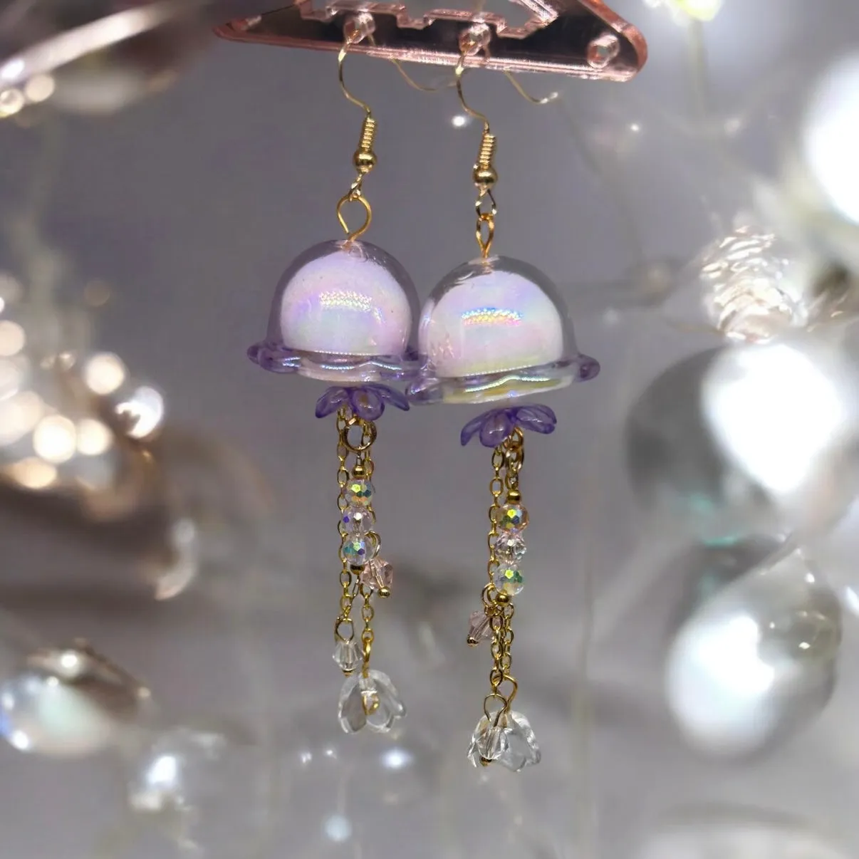 Whimsical - purple sparkly clear Jellyfish earrings | sea creature zoology earrings | colourful clear rhinestones dangle earrings | halgoram fun y2k earrings