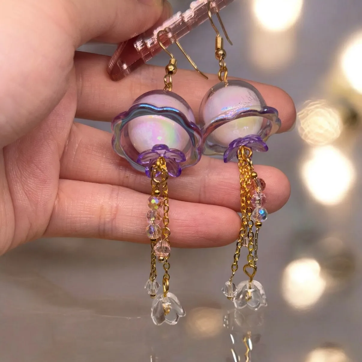 Whimsical - purple sparkly clear Jellyfish earrings | sea creature zoology earrings | colourful clear rhinestones dangle earrings | halgoram fun y2k earrings