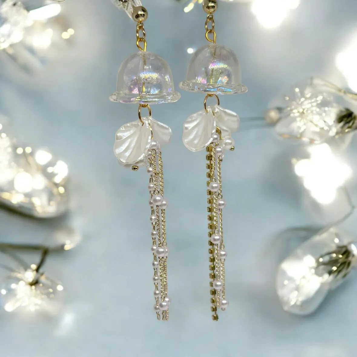 Whimsical - White sparkly clear Jellyfish earrings | sea creature zoology earrings | colourful clear rhinestones dangle earrings | halgoram fun y2k earrings