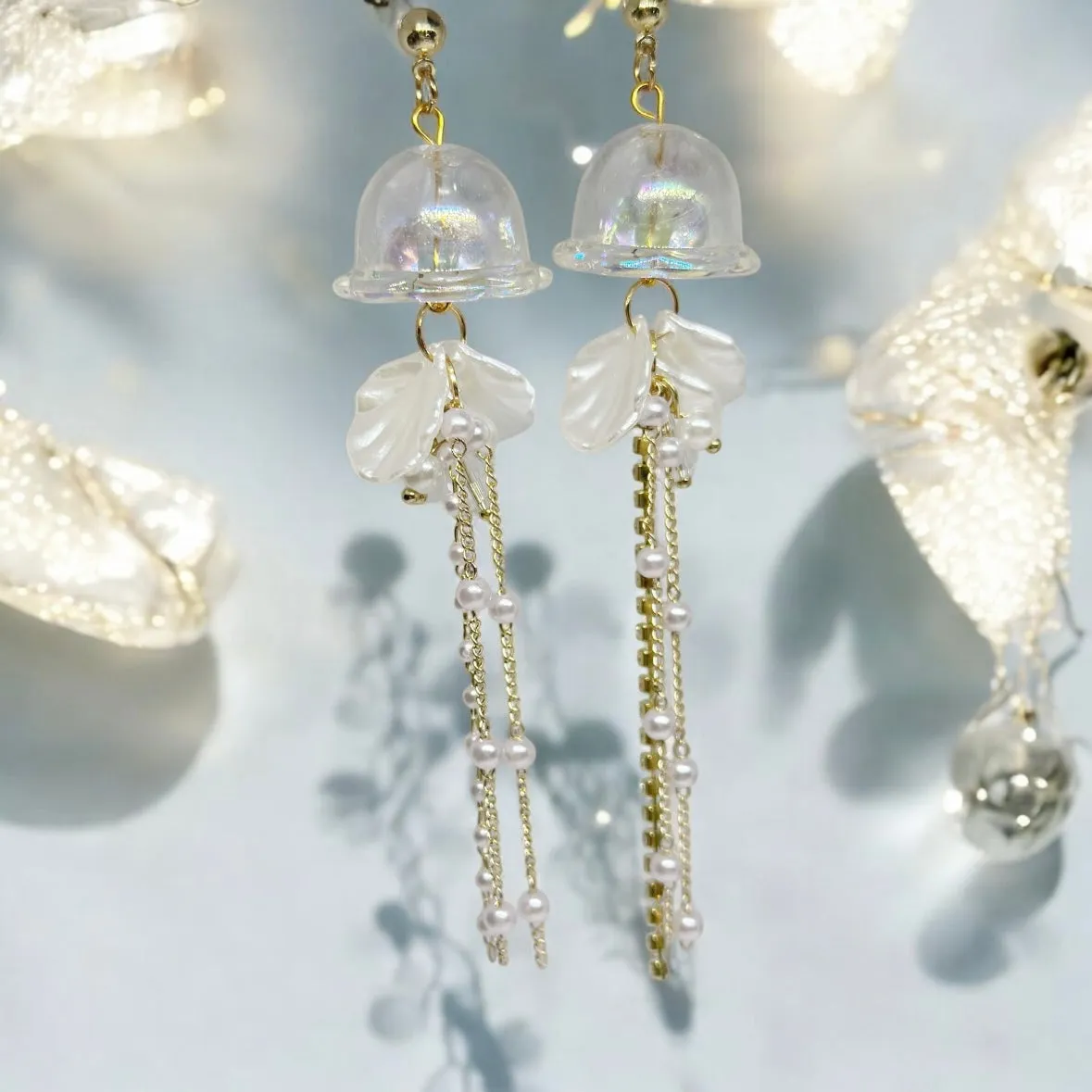 Whimsical - White sparkly clear Jellyfish earrings | sea creature zoology earrings | colourful clear rhinestones dangle earrings | halgoram fun y2k earrings