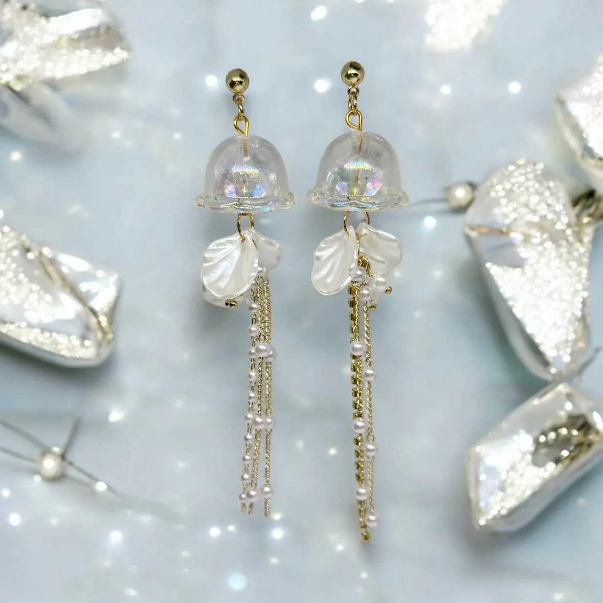 Whimsical - White sparkly clear Jellyfish earrings | sea creature zoology earrings | colourful clear rhinestones dangle earrings | halgoram fun y2k earrings