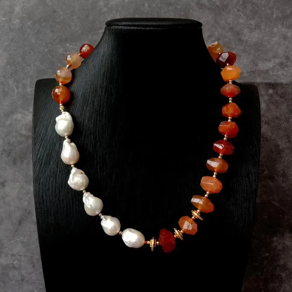 White Baroque Pearl & Carnelian Necklace