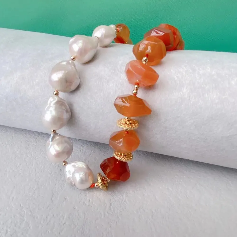 White Baroque Pearl & Carnelian Necklace