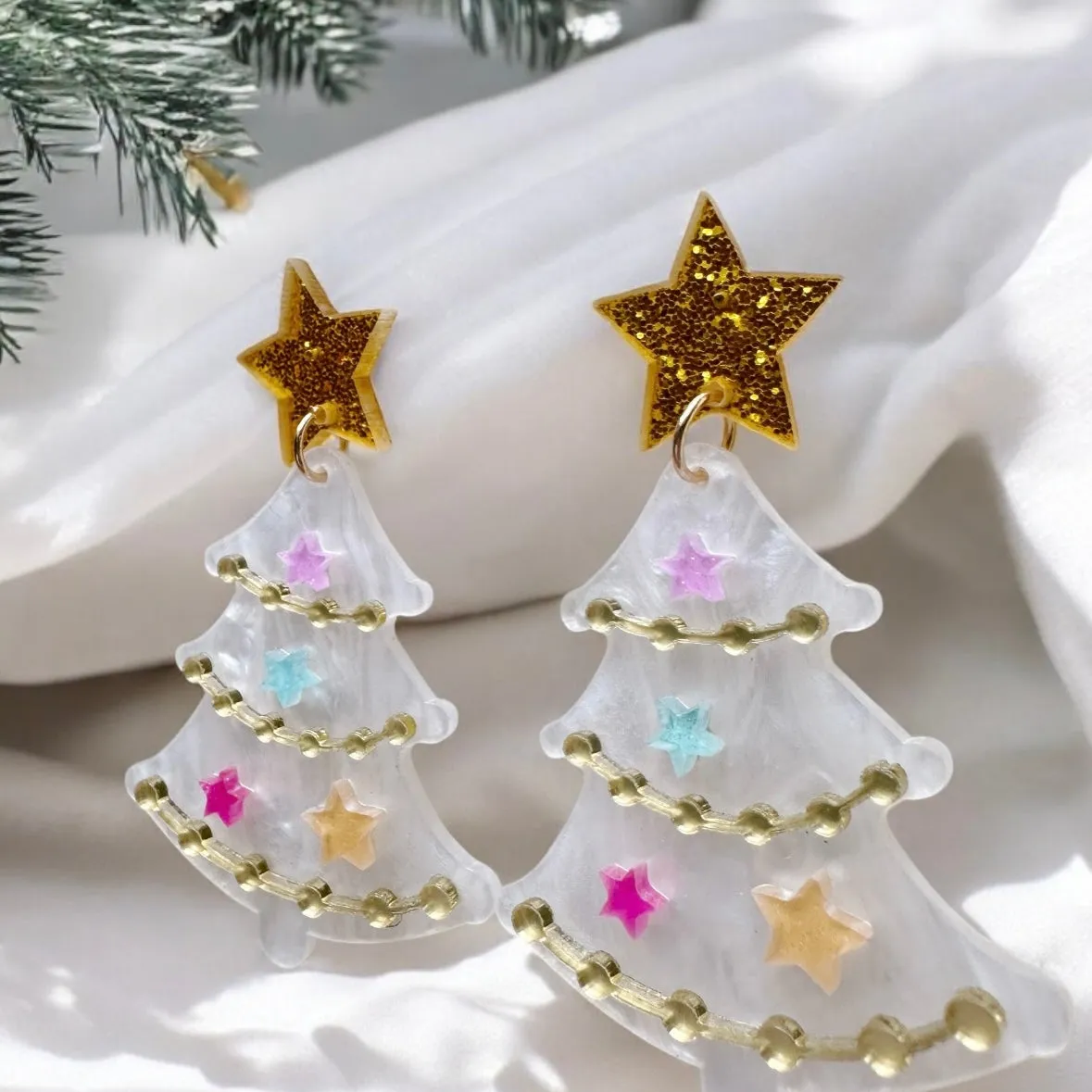 White christmas tree earrings | acrylic art decor earrings | lighweight earrings