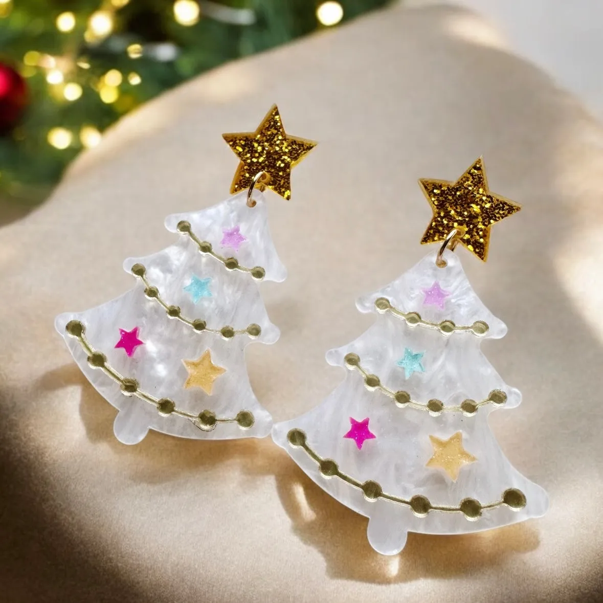 White christmas tree earrings | acrylic art decor earrings | lighweight earrings