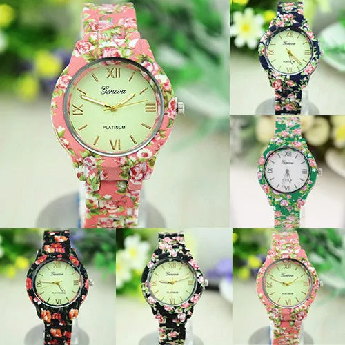 Women's Geneva Floral Print Ceramic Style Analog Quartz Wrist Watch