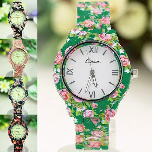 Women's Geneva Floral Print Ceramic Style Analog Quartz Wrist Watch