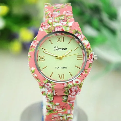 Women's Geneva Floral Print Ceramic Style Analog Quartz Wrist Watch