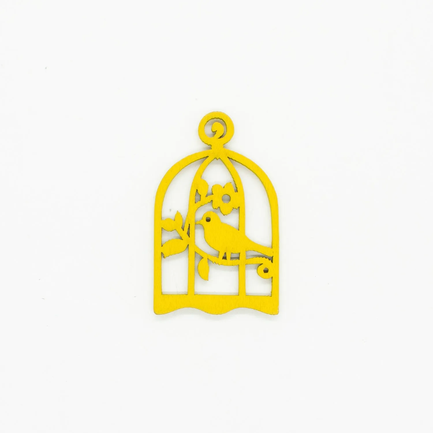 Yellow Bird with Cage Laser Cut Wooden Motif Pendant Charm