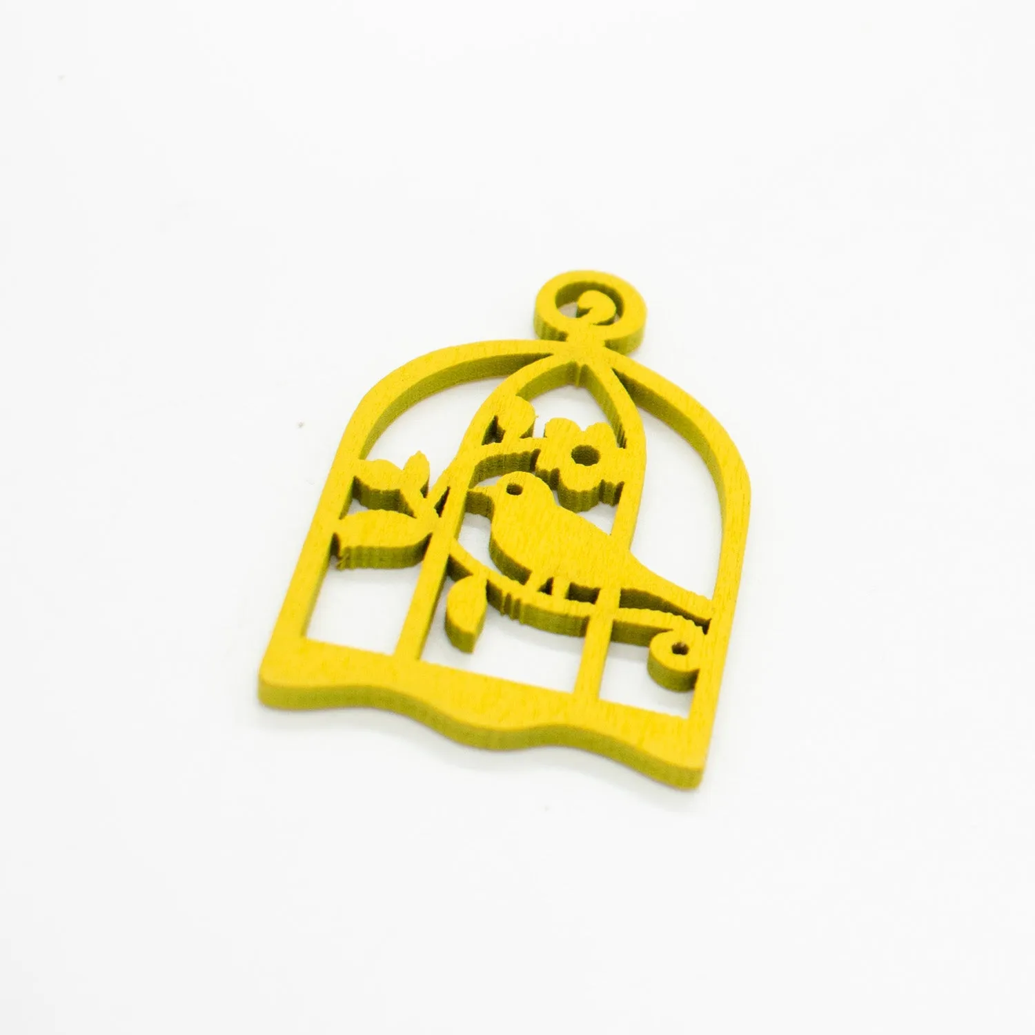 Yellow Bird with Cage Laser Cut Wooden Motif Pendant Charm